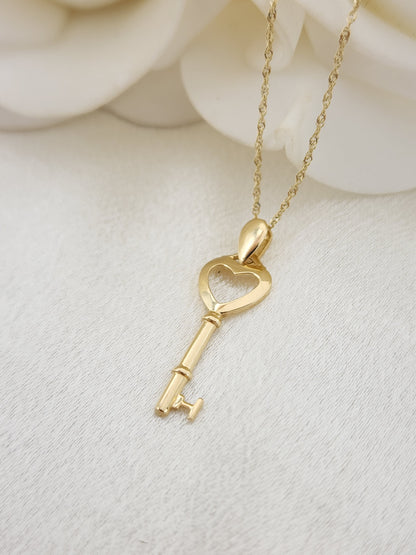 Solid 14k Gold Key Heart Necklace