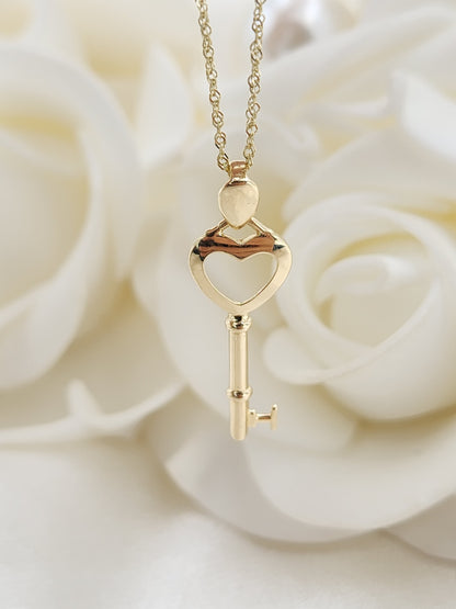 Solid 14k Gold Key Heart Necklace