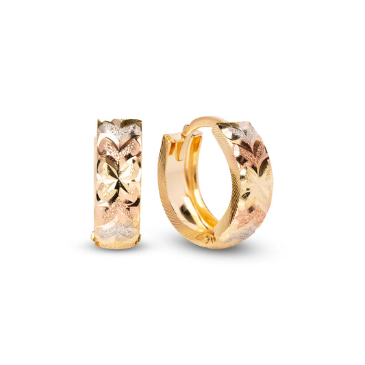 Solid 14k Gold Tricolor Diamond Cut Huggie Earrings - 15mm - 5mm Thick - Shiny - Perfect for Girls and women