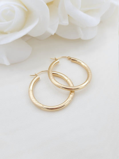 Stunning Solid 14K Gold 3mm Polished with Diamond cut touchHoop Earrings - For Her - Modern jewelry - Fine jewelry - 3MM