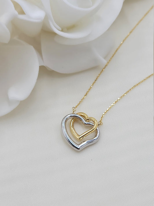 Beautiful 14k yellow and white gold Hearts Necklace - 18 Inches - Adjustable - Fine and Modern