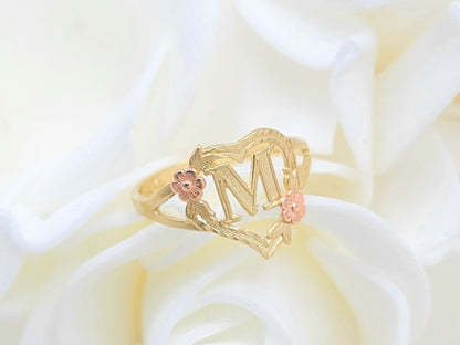 Solid 14k Gold Flor Heart Initial Ring - A to Z - Yellow and Rose Gold - For Women