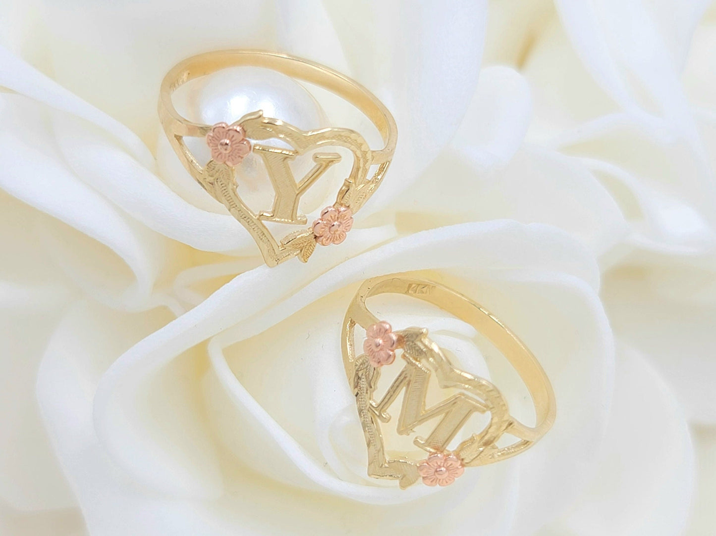 Solid 14k Gold Flor Heart Initial Ring - A to Z - Yellow and Rose Gold - For Women