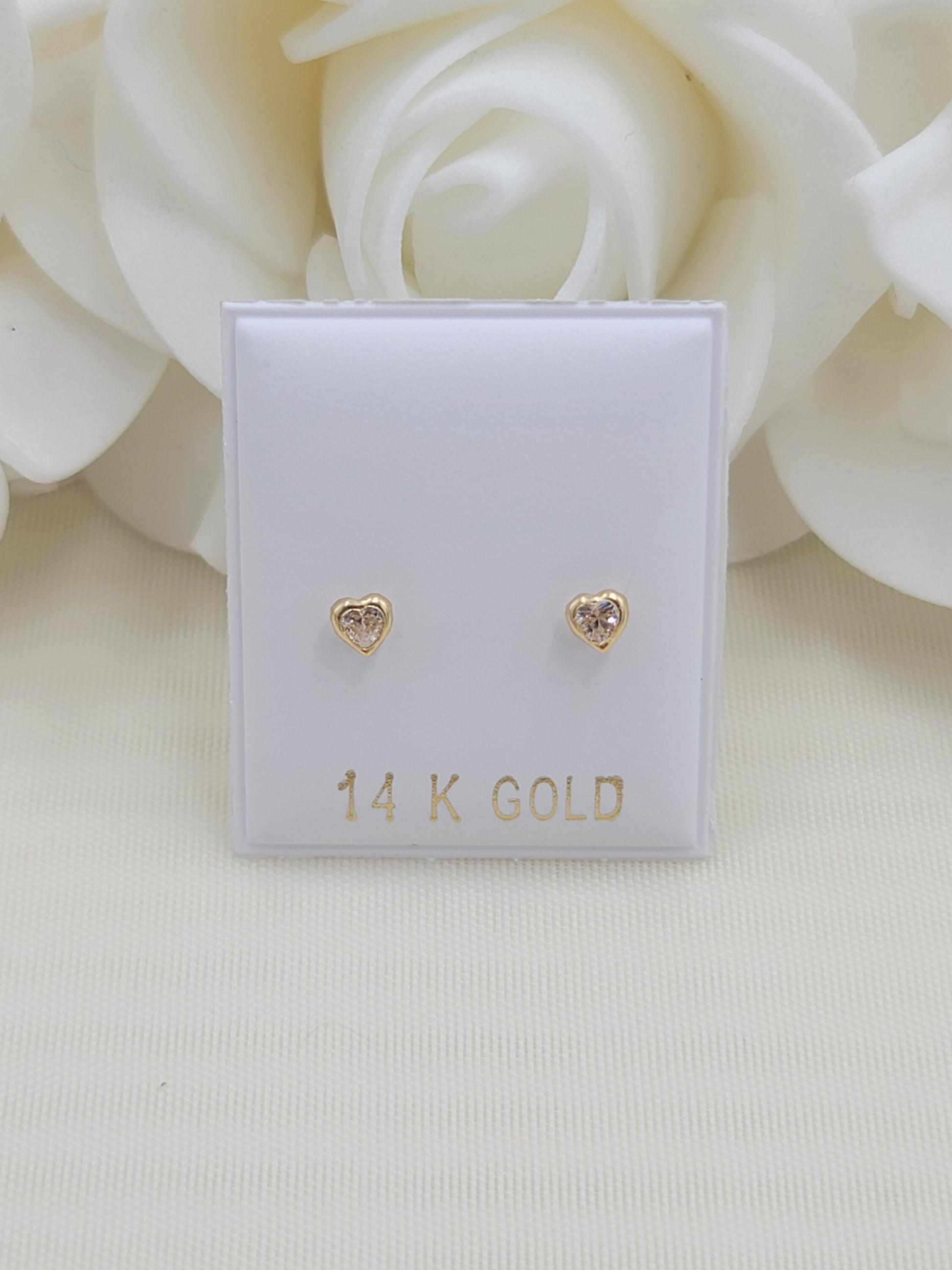 Dainty solid 14k gold 3mm clear Zirconia diamond heart bezel stud earrings