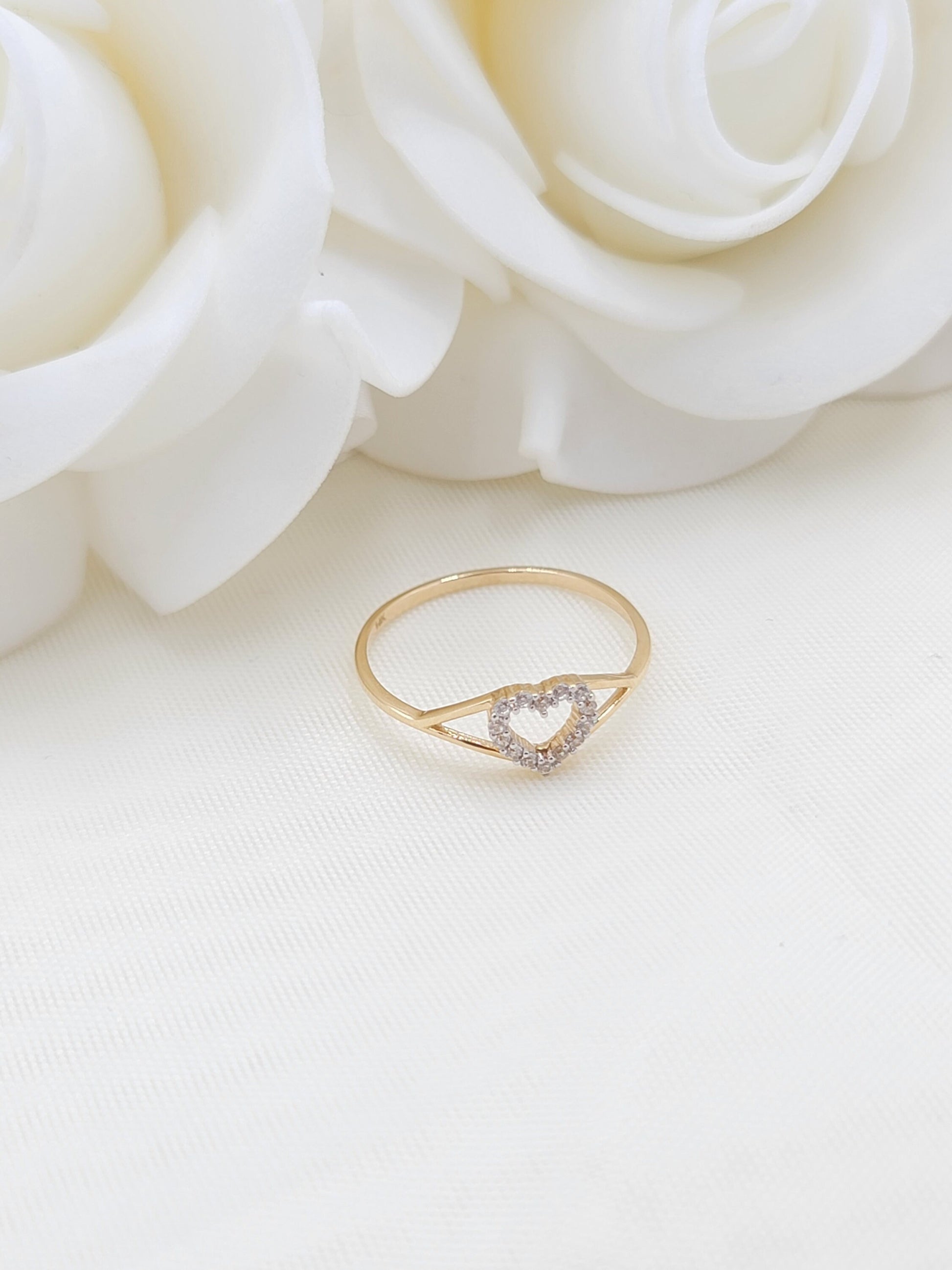 Solid 14k Gold CZ Heart Ring - Minimalist - Stackable