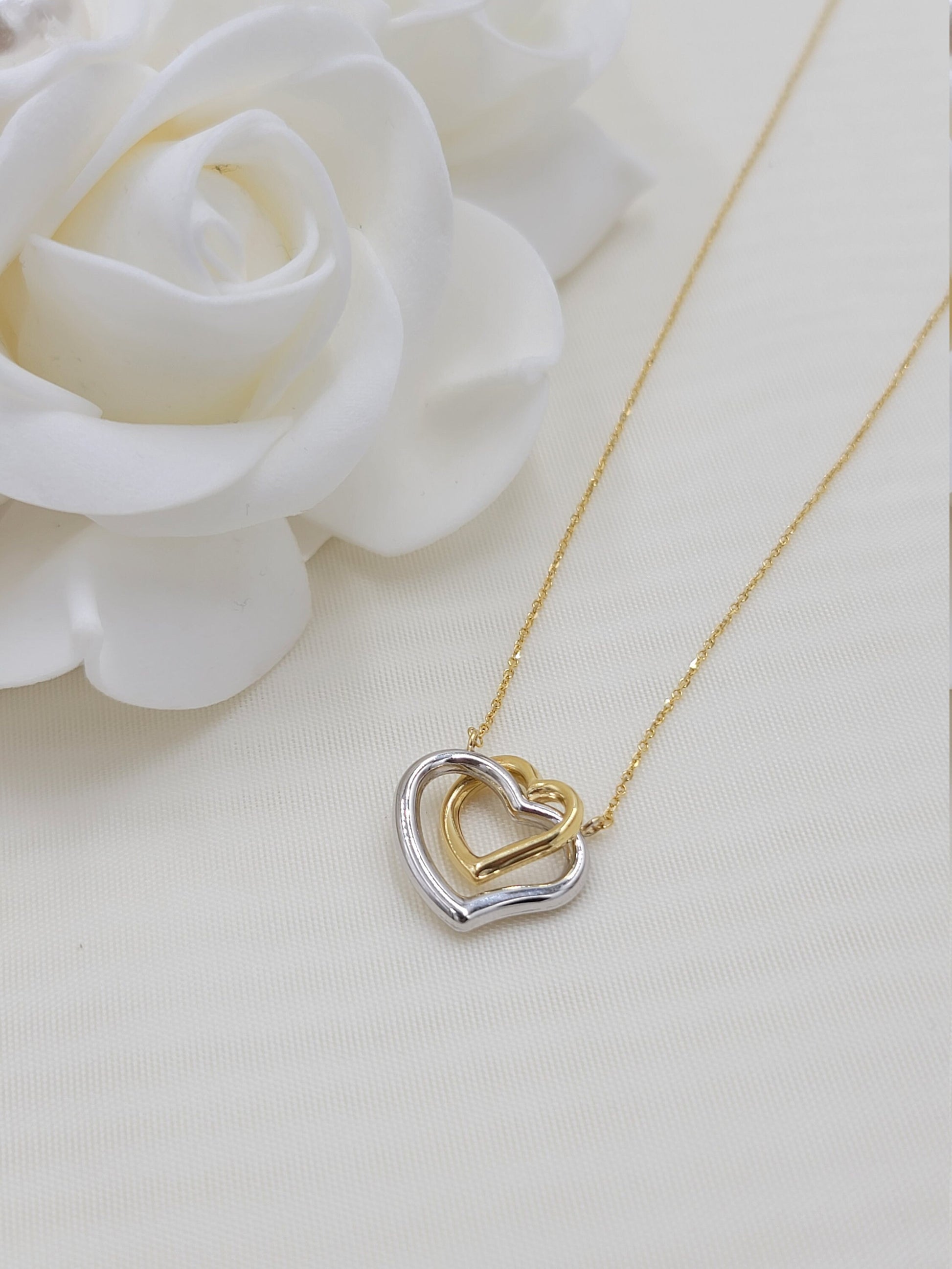 Beautiful 14k yellow and white gold Hearts Necklace - 18 Inches - Adjustable - Fine and Modern