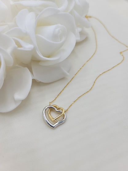 Beautiful 14k yellow and white gold Hearts Necklace - 18 Inches - Adjustable - Fine and Modern