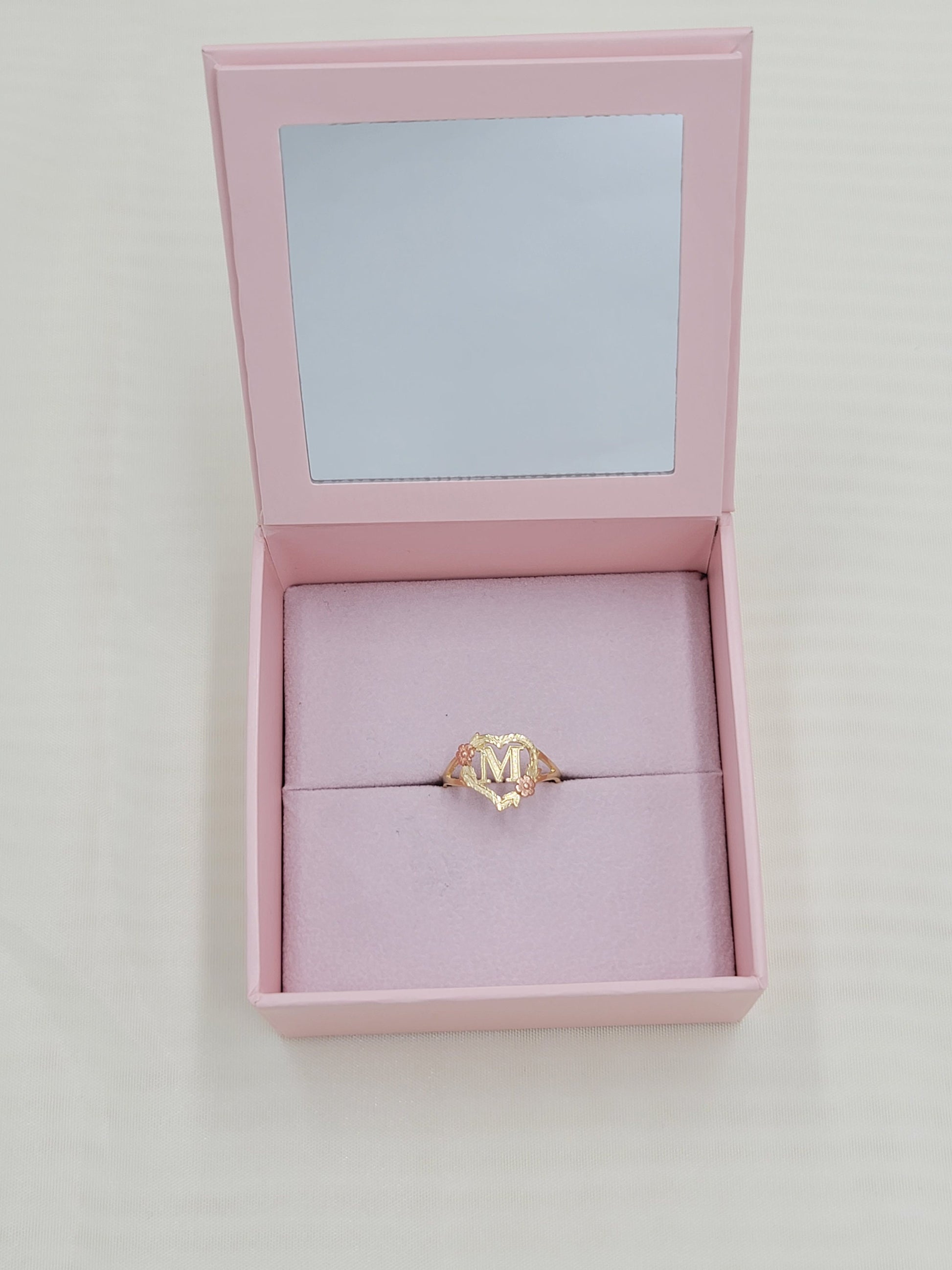 Solid 14k Gold Flor Heart Initial Ring - A to Z - Yellow and Rose Gold - For Women