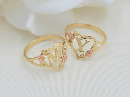 Solid 14k Gold Flor Heart Initial Ring - A to Z - Yellow and Rose Gold - For Women