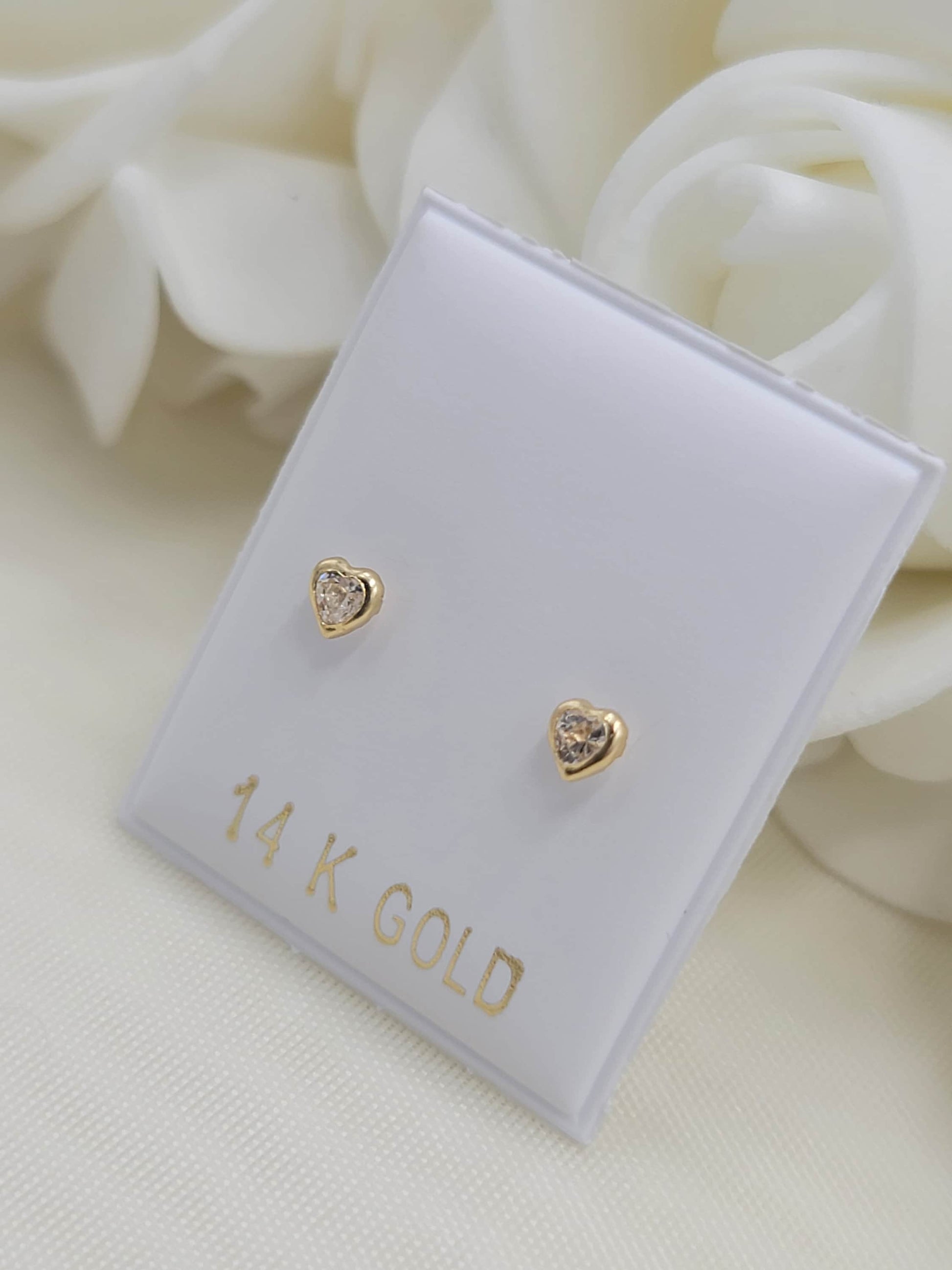 Dainty solid 14k gold 3mm clear Zirconia diamond heart bezel stud earrings