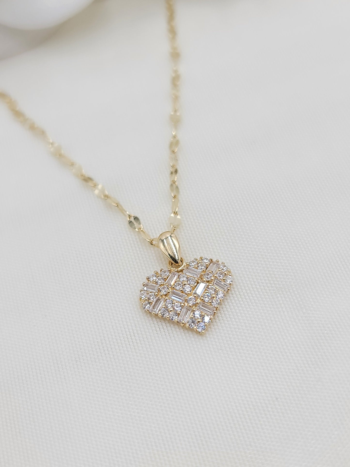 Solid 14k Gold Mosaic Heart CZ Necklace - Mirror Chain - 16, 18, 20 Inches - Gift for her