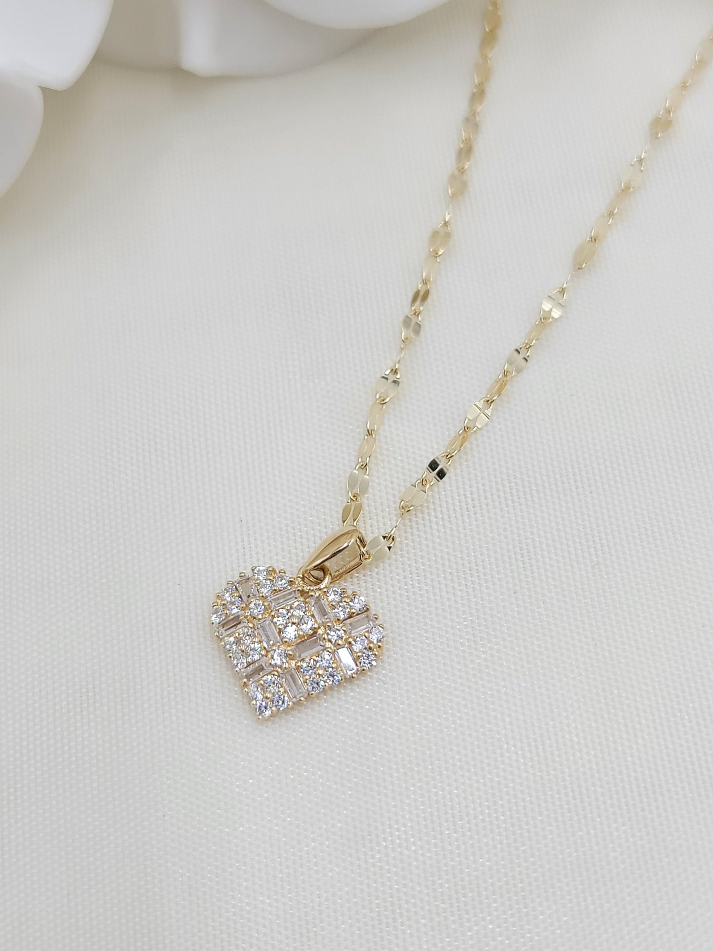 Solid 14k Gold Mosaic Heart CZ Necklace - Mirror Chain - 16, 18, 20 Inches - Gift for her