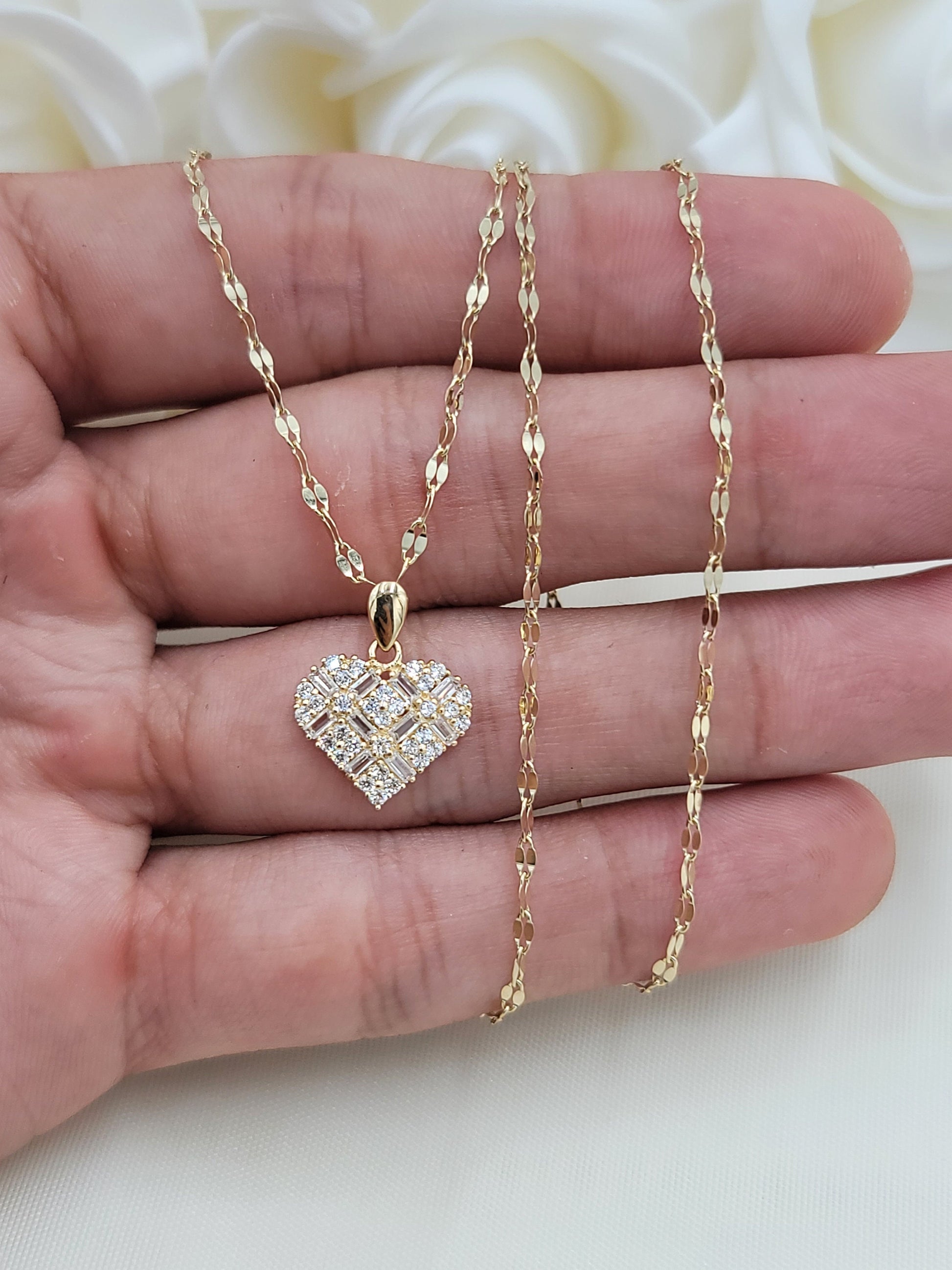 Solid 14k Gold Mosaic Heart CZ Necklace - Mirror Chain - 16, 18, 20 Inches - Gift for her