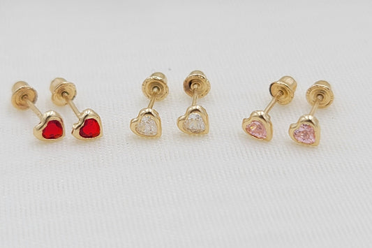 Dainty solid 14k gold 3mm clear Zirconia diamond heart bezel stud earrings