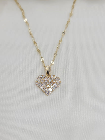 Solid 14k Gold Mosaic Heart CZ Necklace - Mirror Chain - 16, 18, 20 Inches - Gift for her