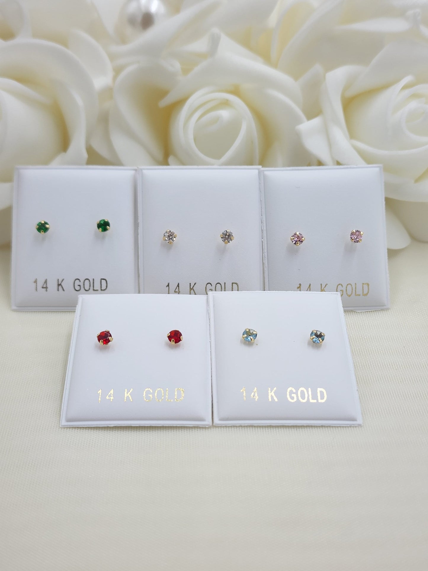 14KT Gold 3mm CZ Stud Earrings - Screwback - For Women, Girls and Babies