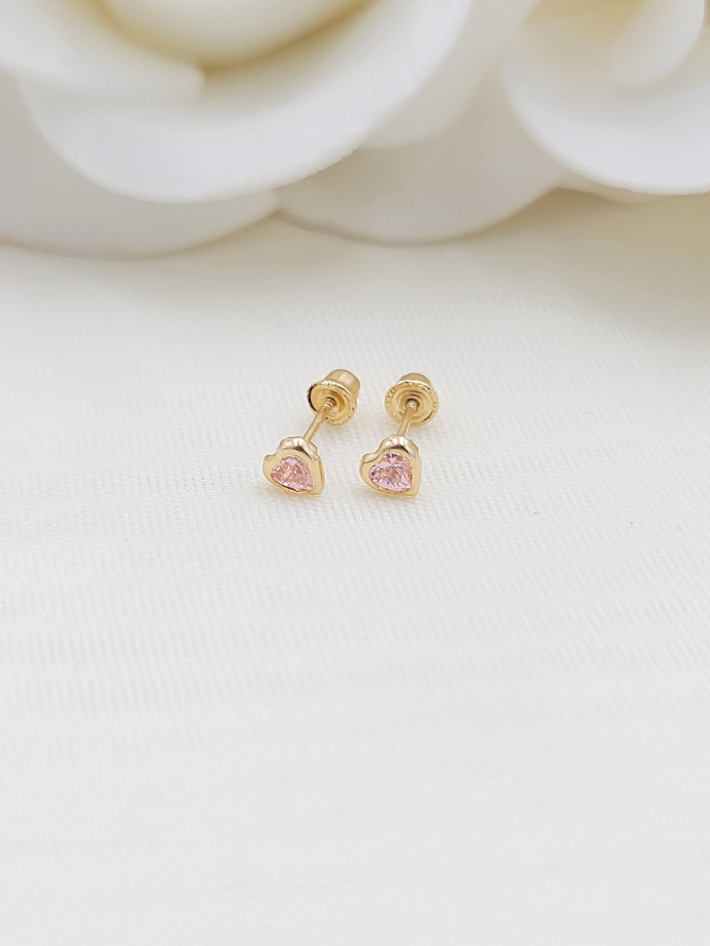 Dainty solid 14k gold 3mm clear Zirconia diamond heart bezel stud earrings