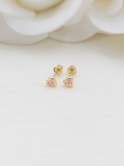 Dainty solid 14k gold 3mm clear Zirconia diamond heart bezel stud earrings