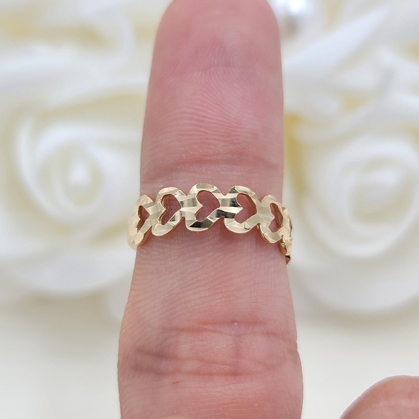 Solid 14k Yellow Gold Hearts Ring - Diamond Cut - Perfect Gift - For her - 100% 14k gold