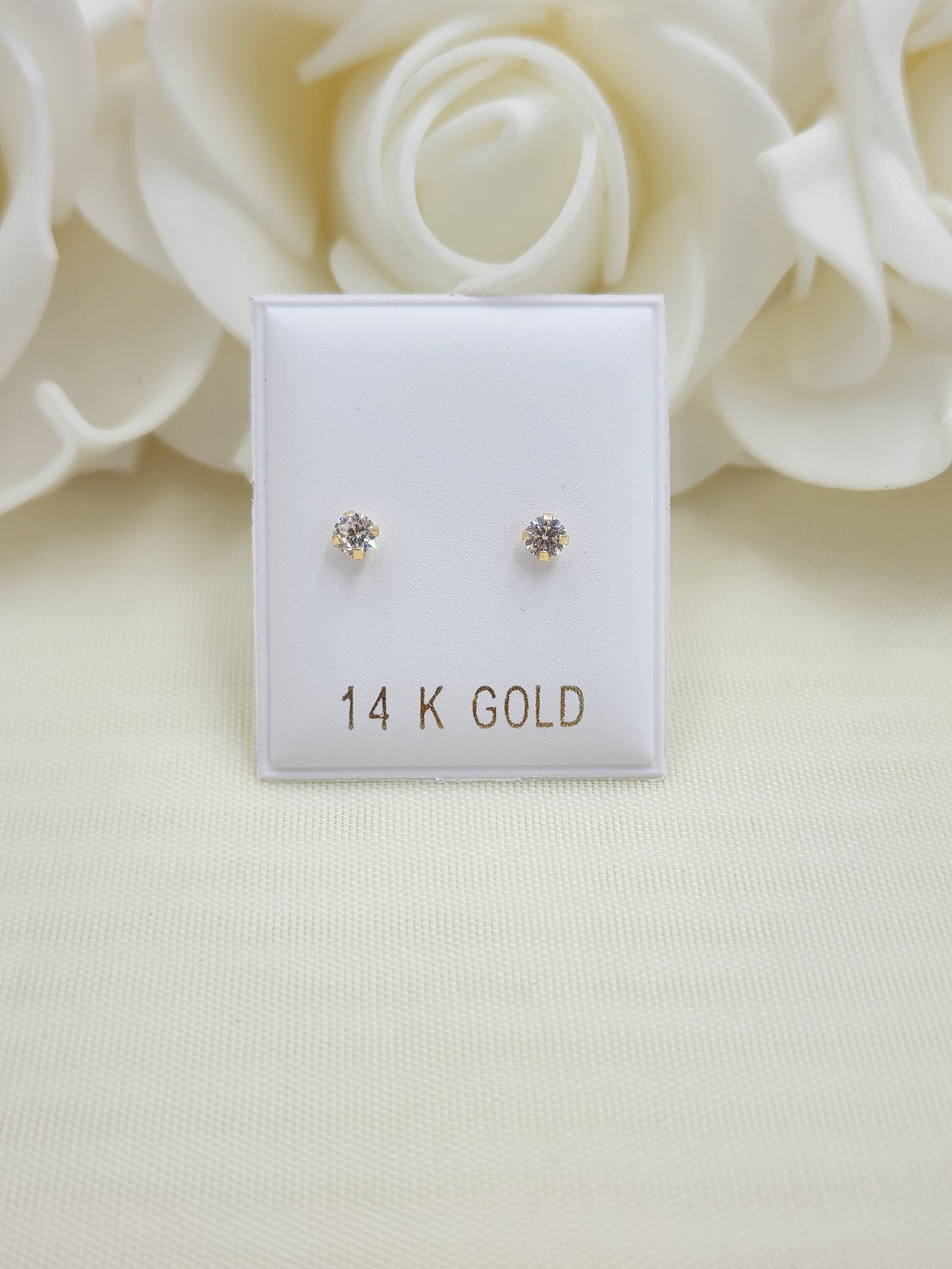 14KT Gold 3mm CZ Stud Earrings - Screwback - For Women, Girls and Babies