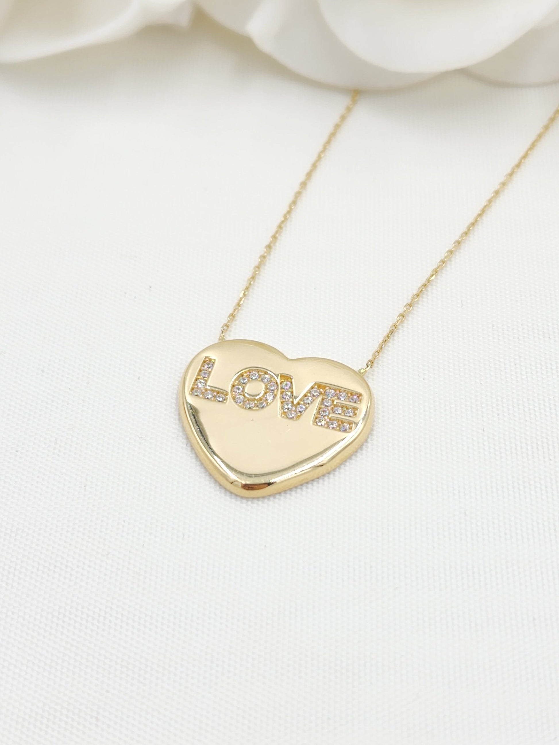 Solid 14k Gold Big Heart Love Necklace - Gift For Her - Modern Jewelry - Adjustable Necklace