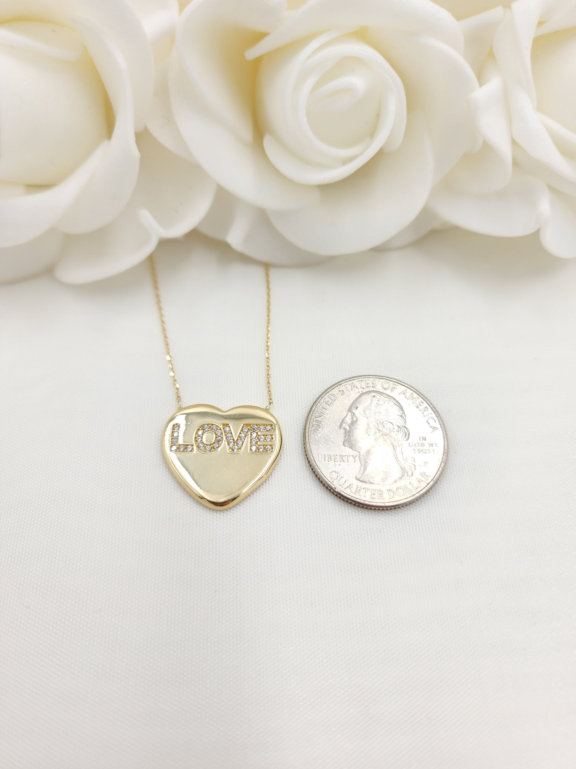 Solid 14k Gold Big Heart Love Necklace - Gift For Her - Modern Jewelry - Adjustable Necklace