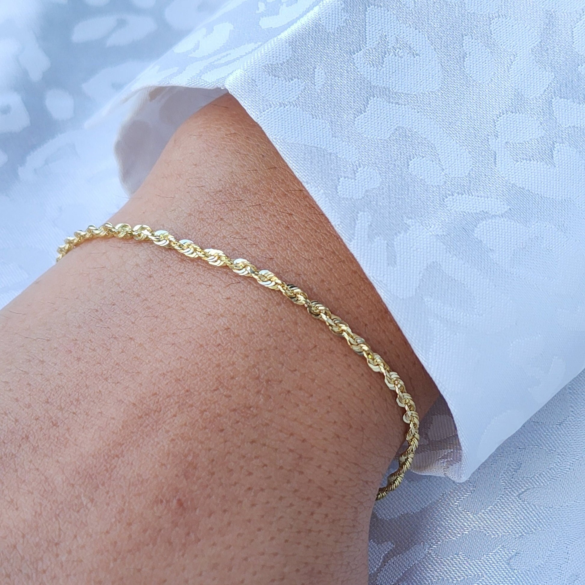 Solid 14k Gold Rope Link Bracelet - For kids, Women - Perfect Gift - 7 Inches - 2mm