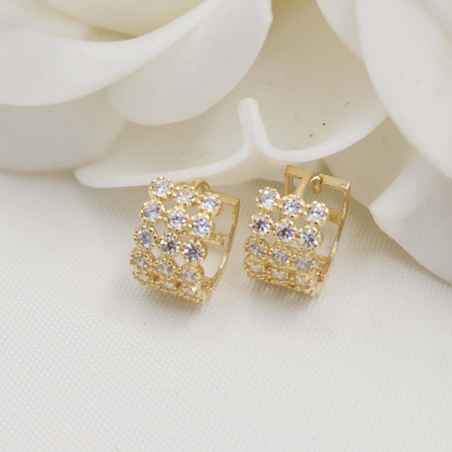 Solid 14k Gold 3 Rows CZ Huggies Earrings - 7mm -Thick Earrings - Gift for her