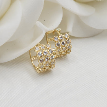 Solid 14k Gold 3 Rows CZ Huggies Earrings - 7mm -Thick Earrings - Gift for her