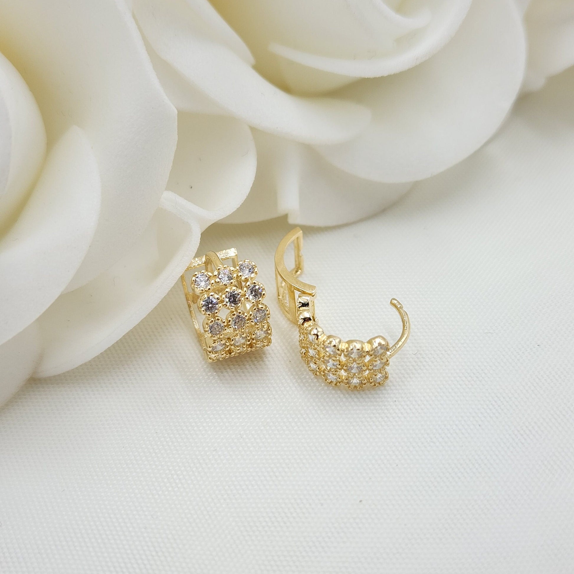 Solid 14k Gold 3 Rows CZ Huggies Earrings - 7mm -Thick Earrings - Gift for her