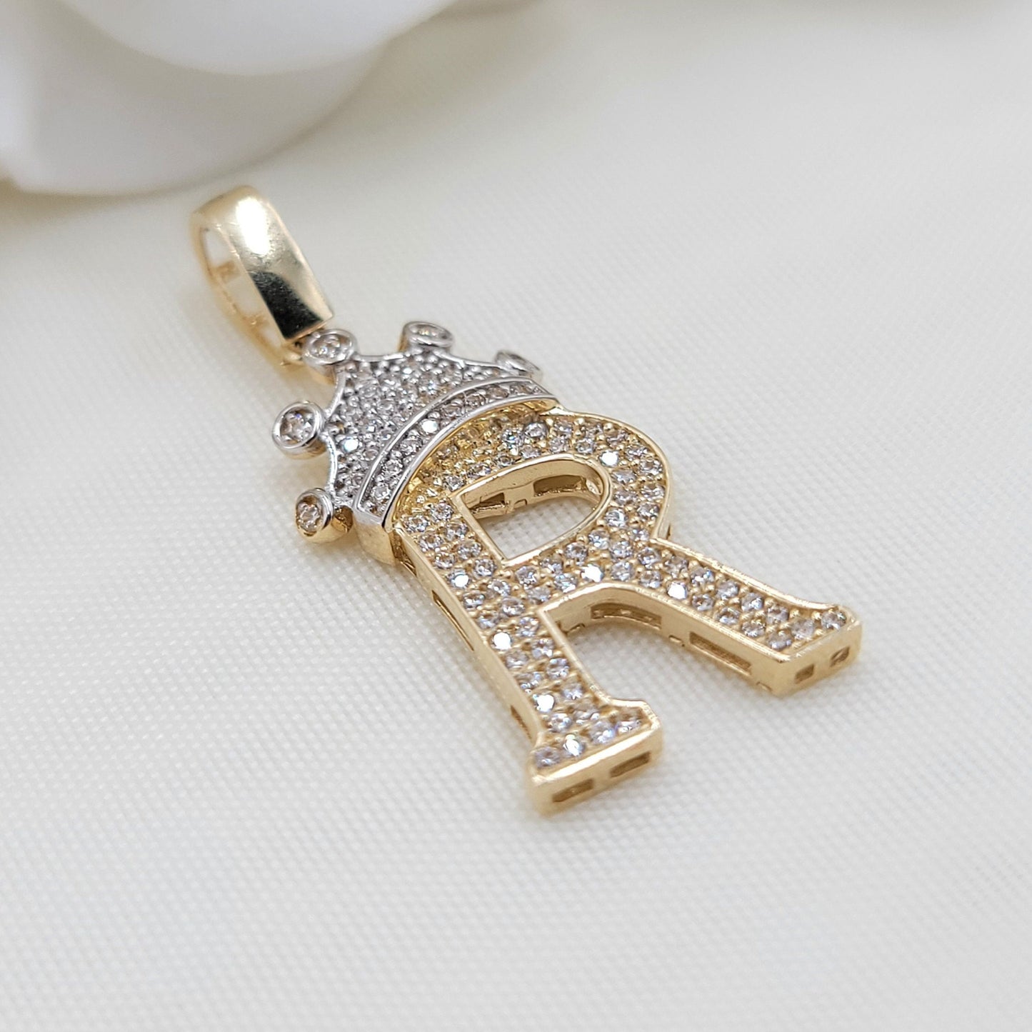 14k Gold Large Crown Initial Pendant - CZ - Real 14k Gold - Unisex - 3D