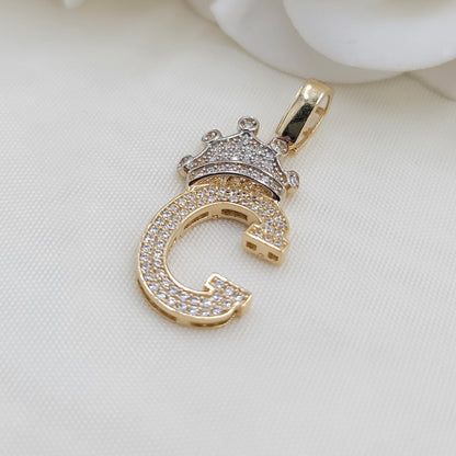 14k Gold Large Crown Initial Pendant - CZ - Real 14k Gold - Unisex - 3D