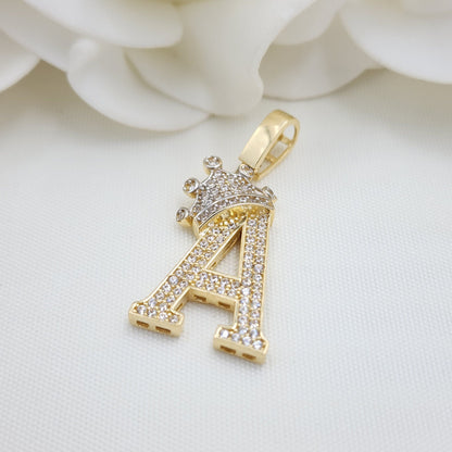 14k Gold Large Crown Initial Pendant - CZ - Real 14k Gold - Unisex - 3D