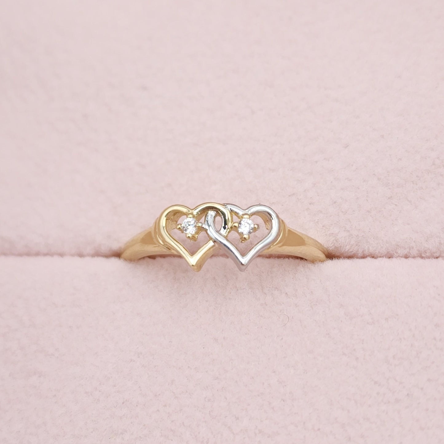 14k White And Yellow Gold Hearts Ring - Solid Gold - For Her - CZ - Perfect Gift