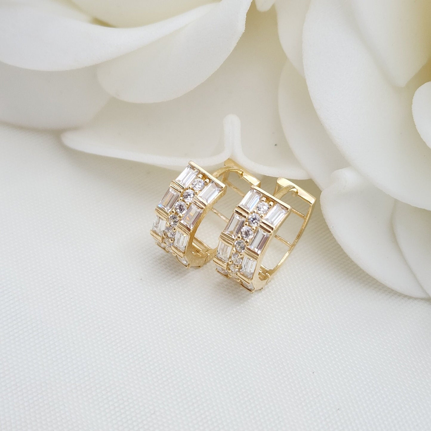 14k Solid Gold Baguette And Round CZ Huggies Earrings - Shiny and Modern - For Her - Fine Jewelry