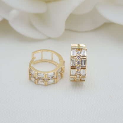 14k Solid Gold Baguette And Round CZ Huggies Earrings - Shiny and Modern - For Her - Fine Jewelry