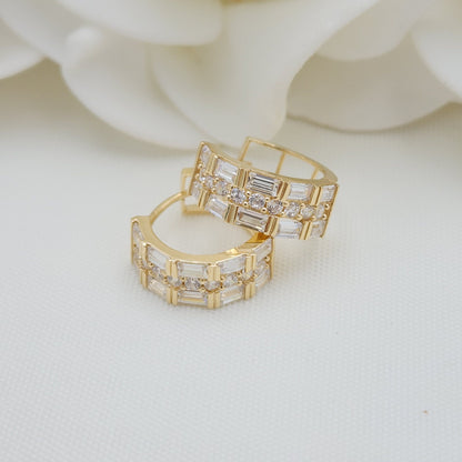 14k Solid Gold Baguette And Round CZ Huggies Earrings - Shiny and Modern - For Her - Fine Jewelry