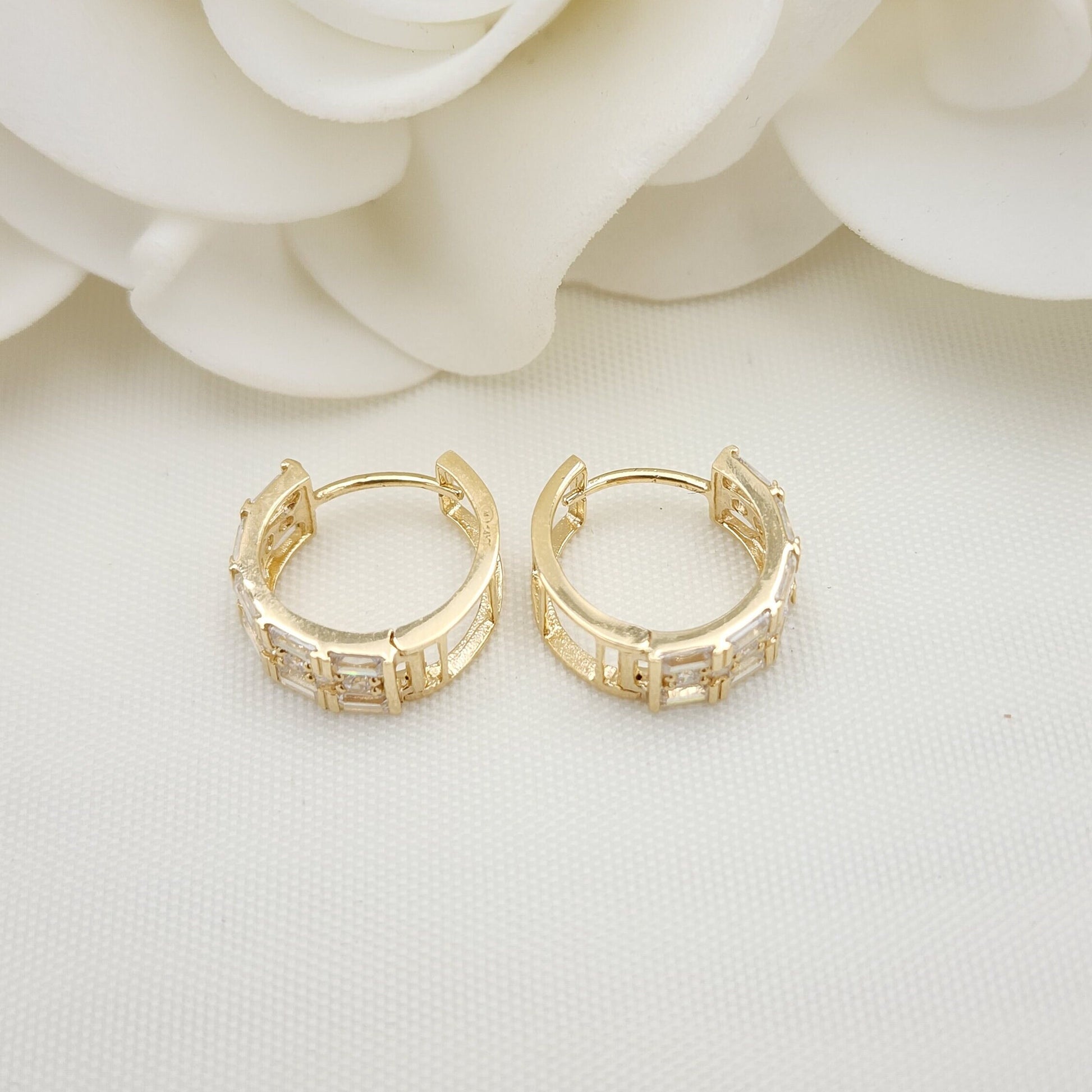 14k Solid Gold Baguette And Round CZ Huggies Earrings - Shiny and Modern - For Her - Fine Jewelry