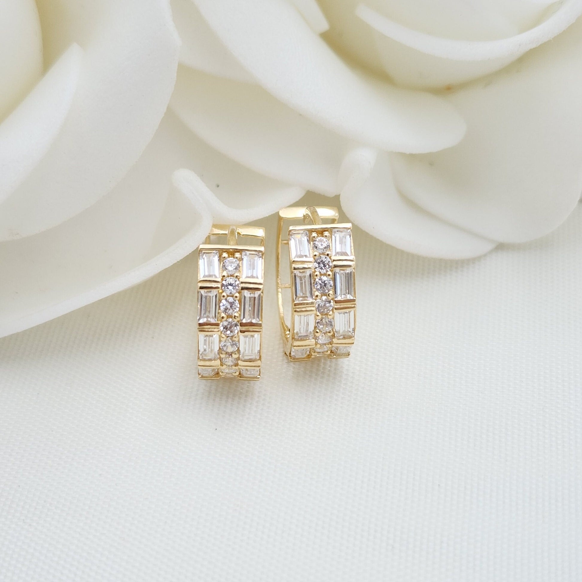 14k Solid Gold Baguette And Round CZ Huggies Earrings - Shiny and Modern - For Her - Fine Jewelry