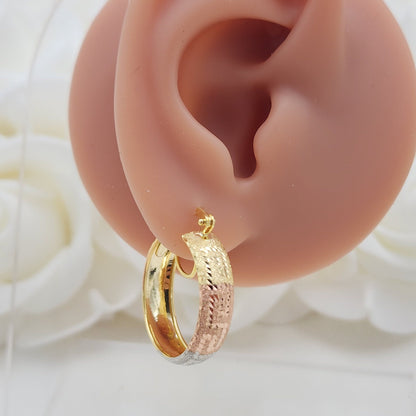 14k Real Gold 3 Tones Greek Pattern Hoop Earrings - Thick and Shiny - For Her - Fine Jewelry