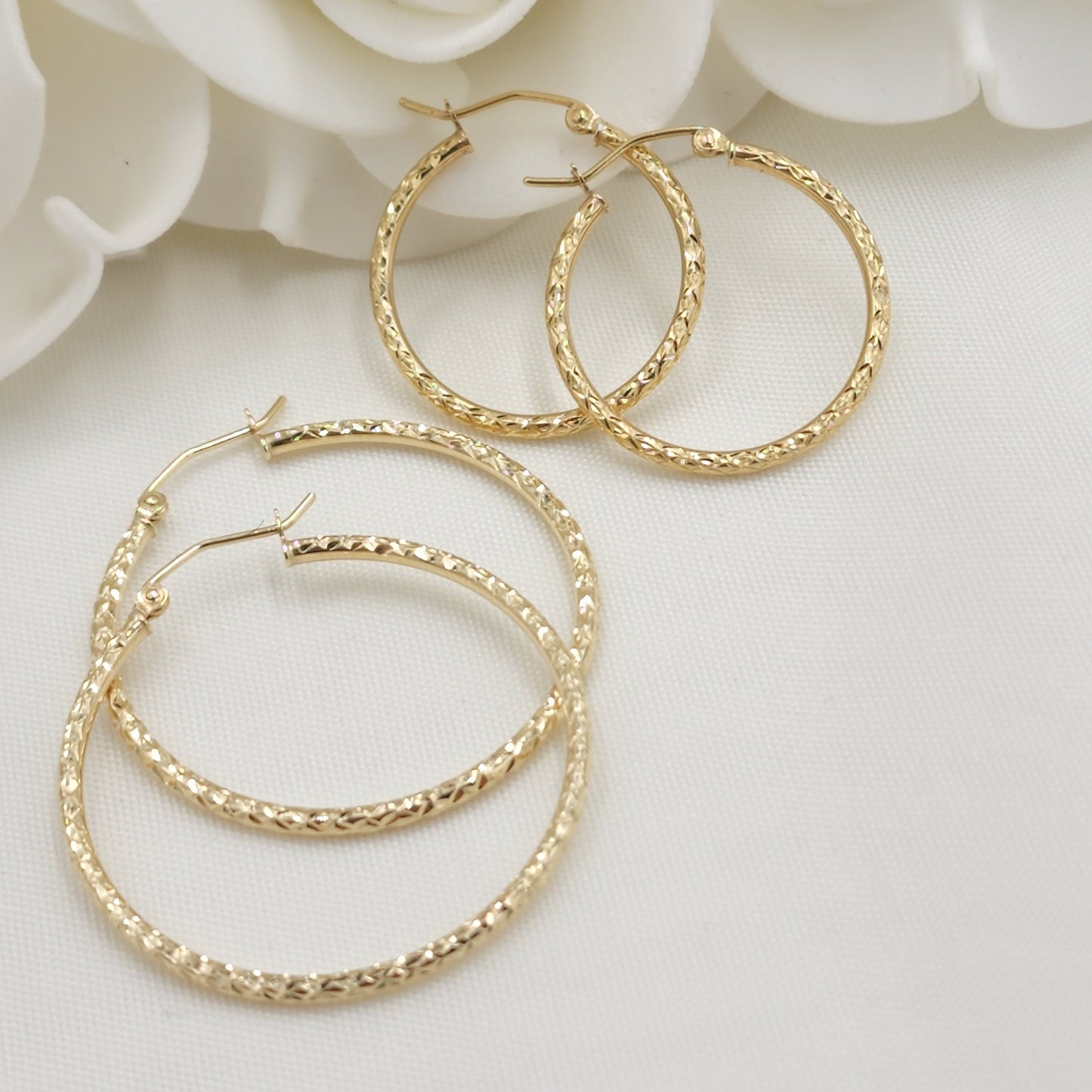 Real 14k Gold Fully Diamond Cut Hoop Earrings - 35MM, 25MM, 20MM, 15MM - Sparkling - Fine Jewelry For Her - Perfect Gift