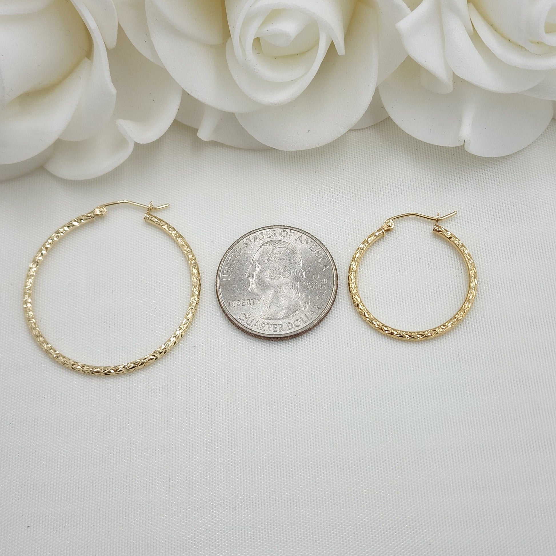 Real 14k Gold Fully Diamond Cut Hoop Earrings - 35MM, 25MM, 20MM, 15MM - Sparkling - Fine Jewelry For Her - Perfect Gift