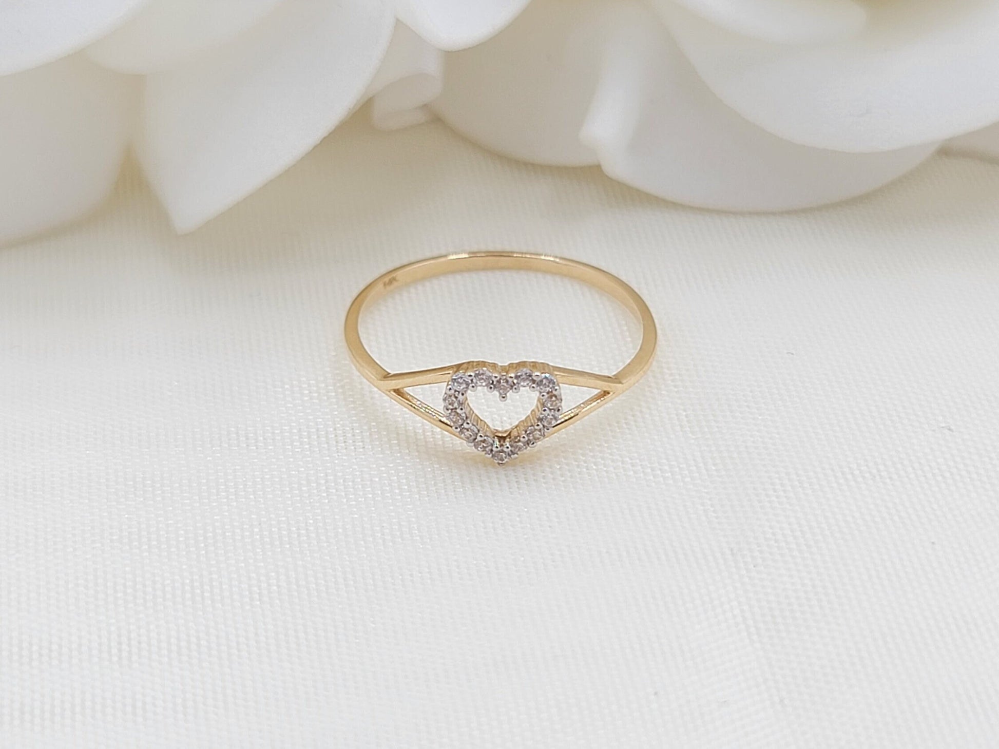 Solid 14k Gold CZ Heart Ring - Minimalist - Stackable