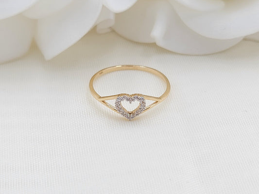 Solid 14k Gold CZ Heart Ring - Minimalist - Stackable