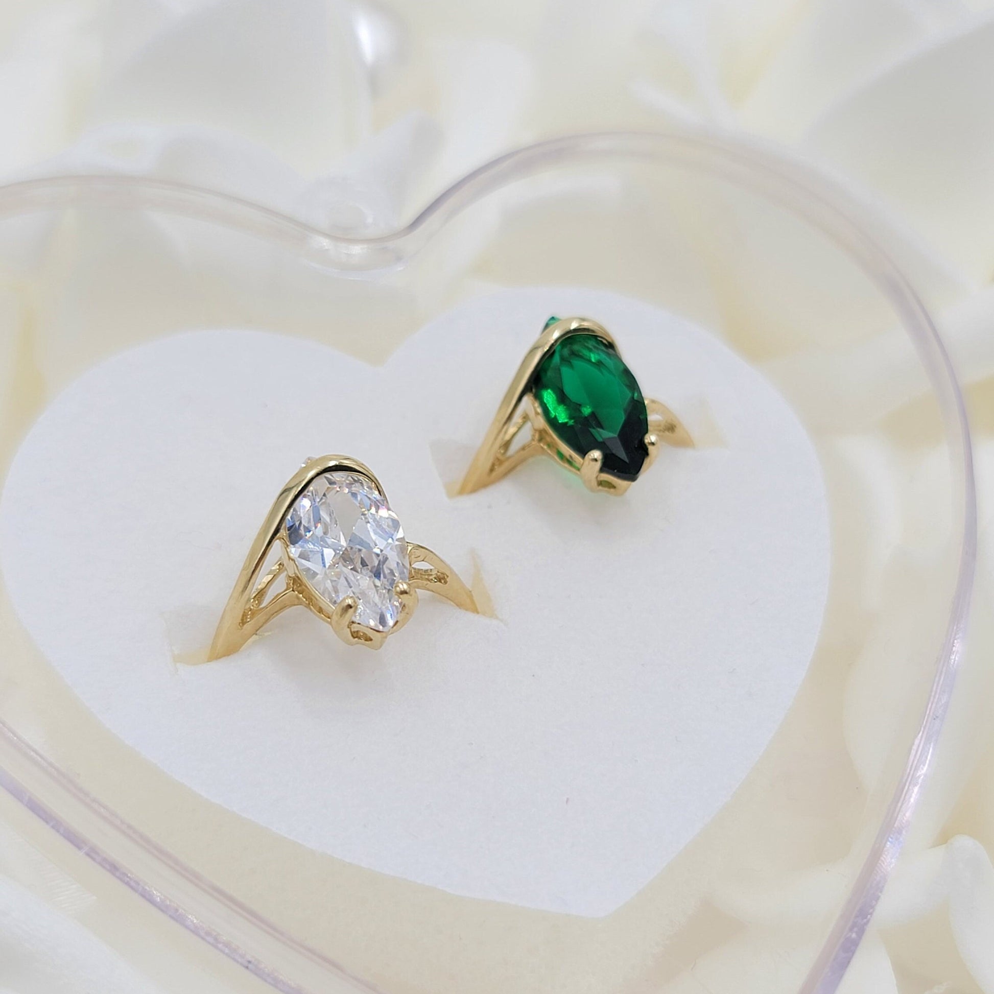 Solid 14k Gold Marquise Engagement Ring - Fine and Modern - Emerald Zirconia - Diamond Zirconia