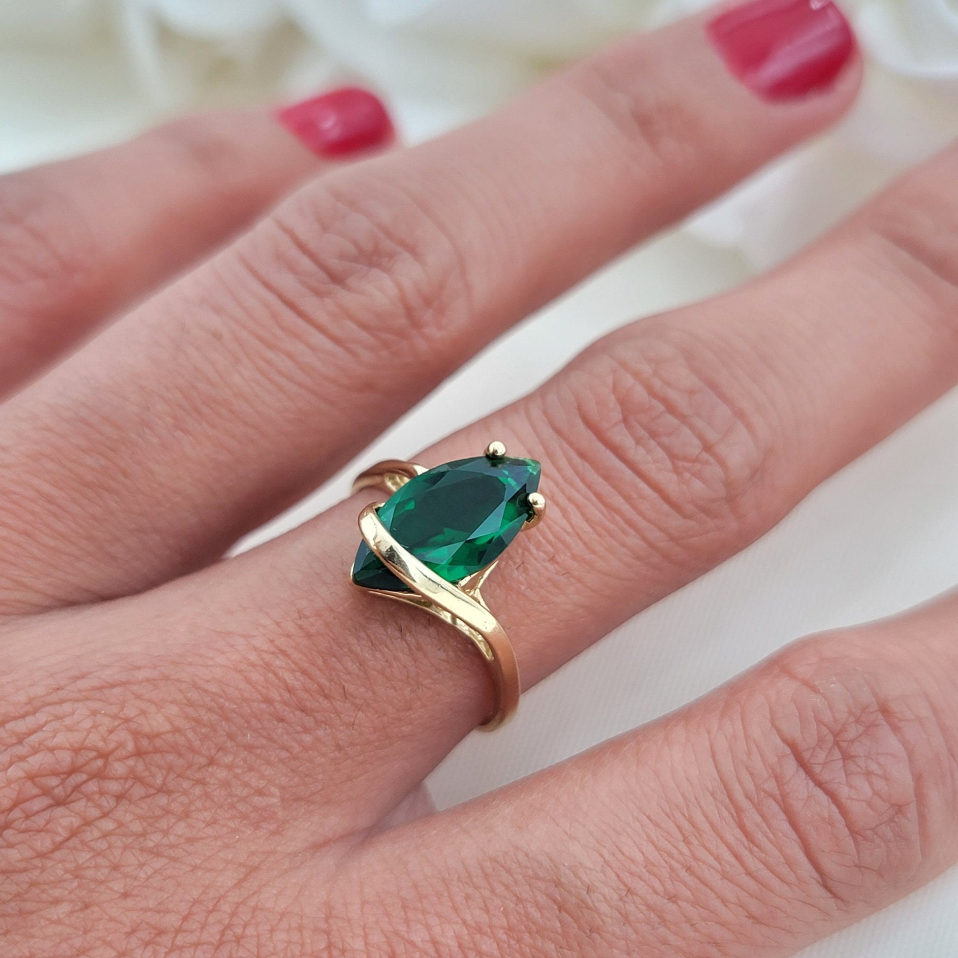 Solid 14k Gold Marquise Engagement Ring - Fine and Modern - Emerald Zirconia - Diamond Zirconia