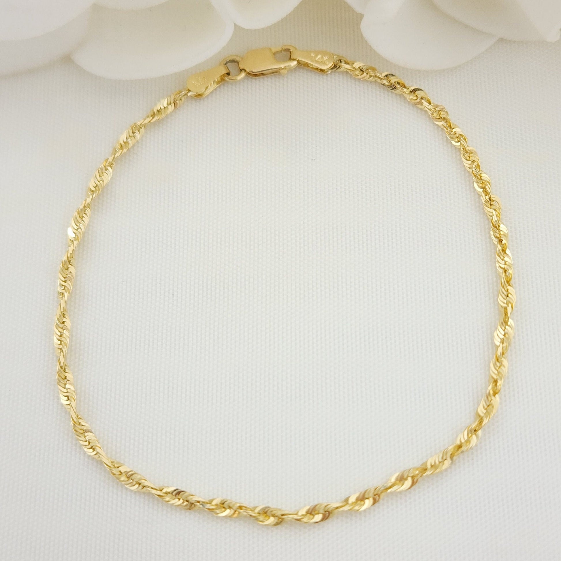 Solid 14k Gold Rope Link Bracelet - For kids, Women - Perfect Gift - 7 Inches - 2mm