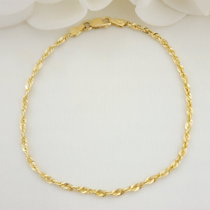 Solid 14k Gold Rope Link Bracelet - For kids, Women - Perfect Gift - 7 Inches - 2mm