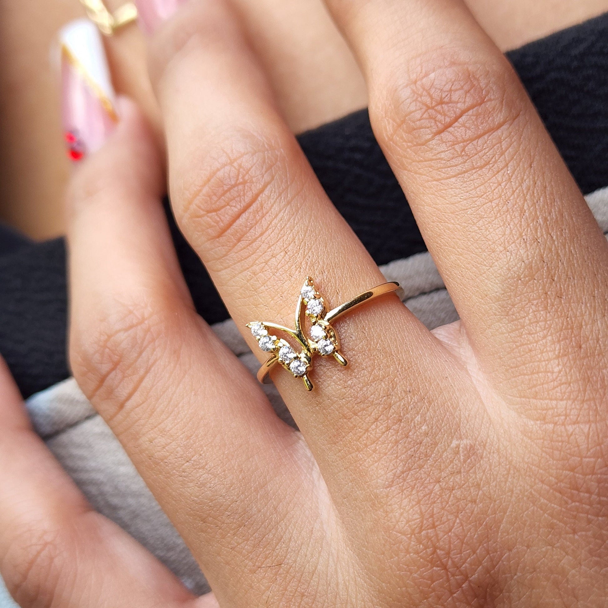 14k Gold Butterfly CZ Ring - For Girls and Womenm - Fine Jewelry for Everyday - Perfect Gift - Anillo de Mariposa