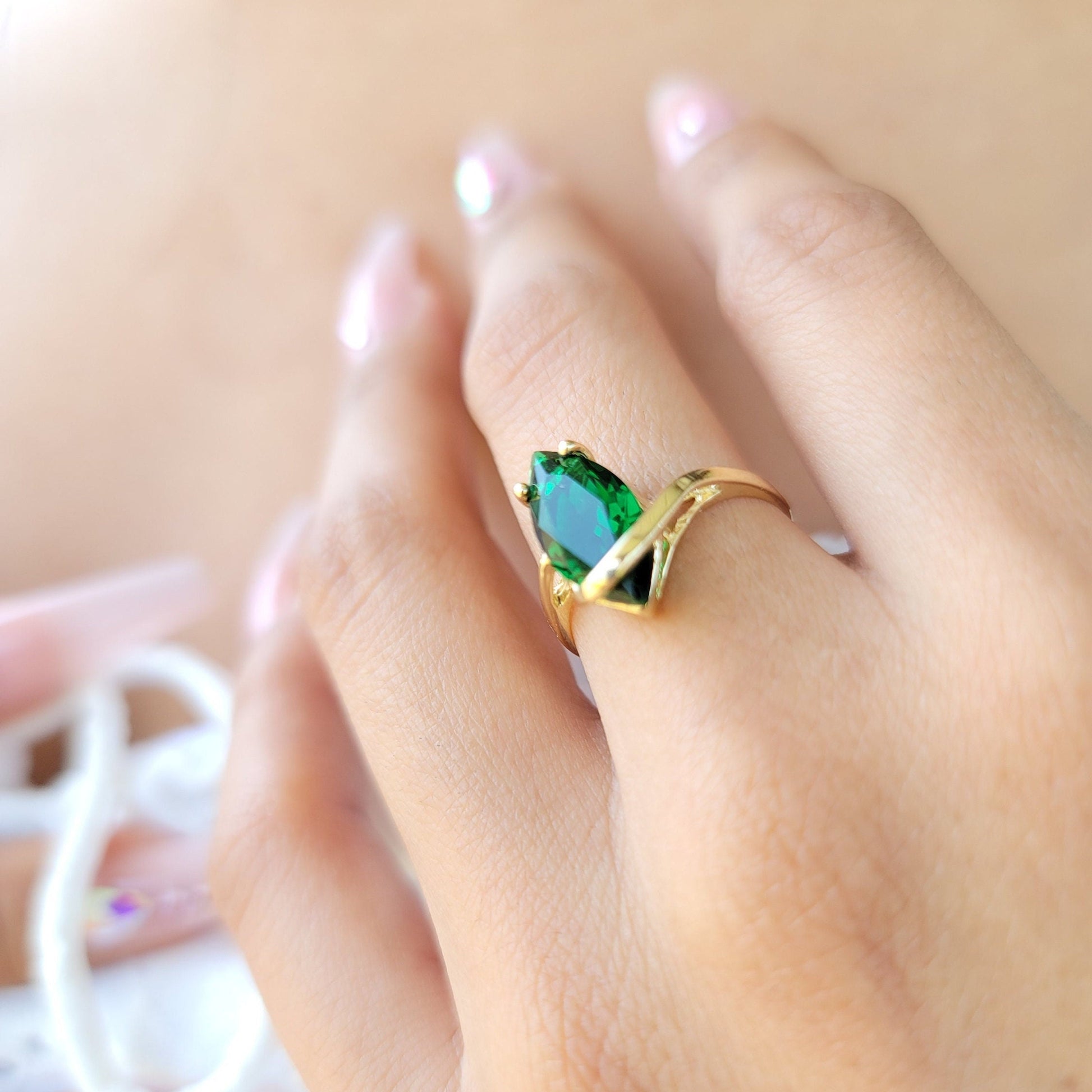 Solid 14k Gold Marquise Engagement Ring - Fine and Modern - Emerald Zirconia - Diamond Zirconia